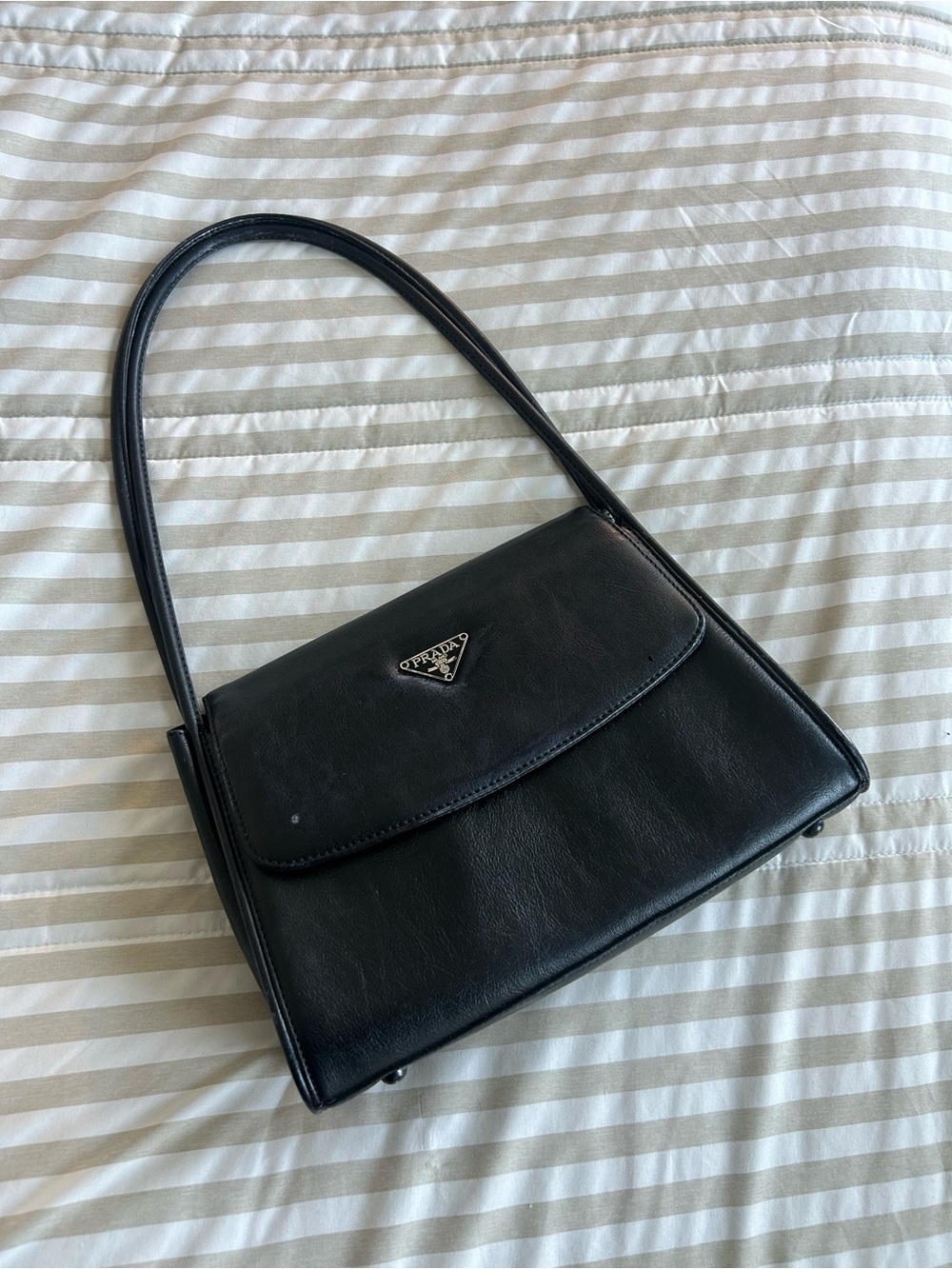 FAUX PRADA Black Shoulder Bag with Silver-Tone Triangle Logo